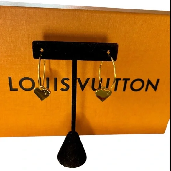 Upcycled Gold LV Louis Vuitton Stamped Charm Hoop Earrings - Picture 11 of 13